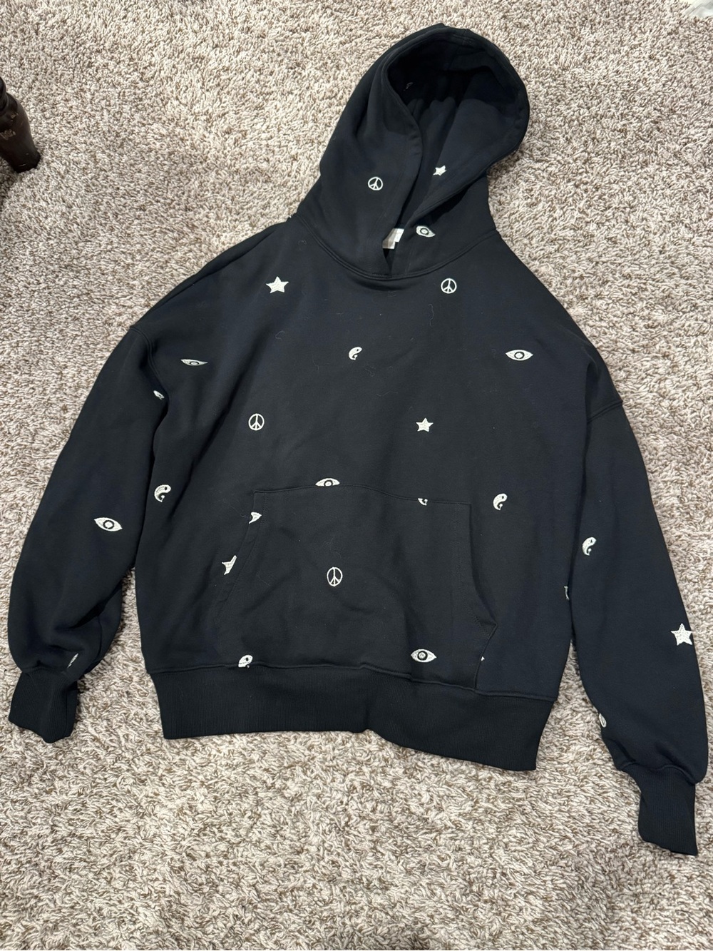 Spiritual Gangster Black Hoodie with White Star, Eye & Peace Graphics